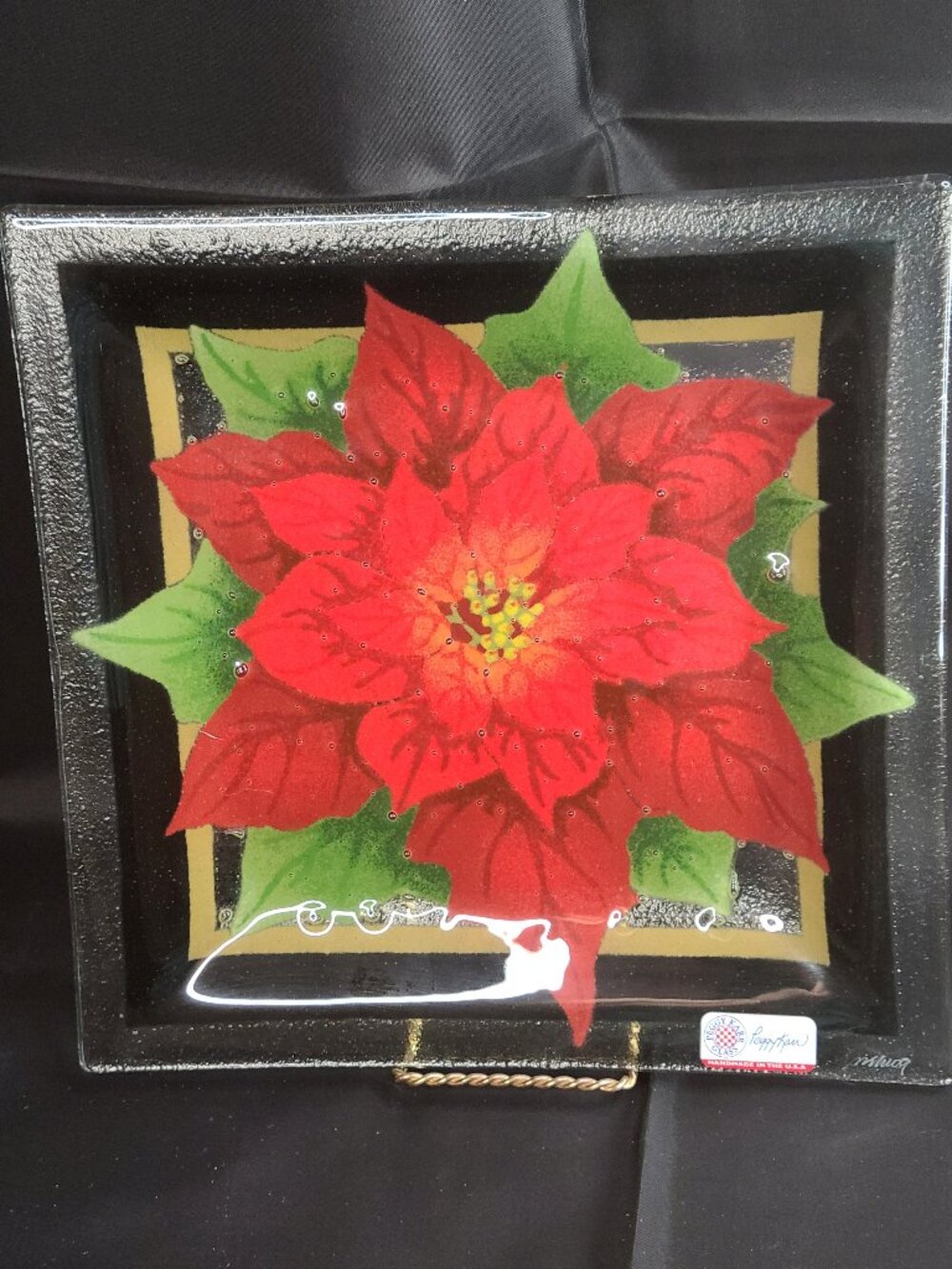 Peggy Karr Fused Glass Christmas Poinsettia Holiday Plate Signed 9.75" Square